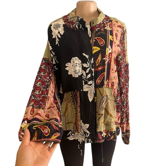 Tru Luxe Floral Patchwork Zipper Snap Front Drawstring Bohemian Jacket - Picture 3 of 9